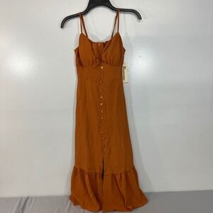 No Boundaries Copper Woven Midi Dress Button Front Ruffle Hem Small 4-6 NEW
